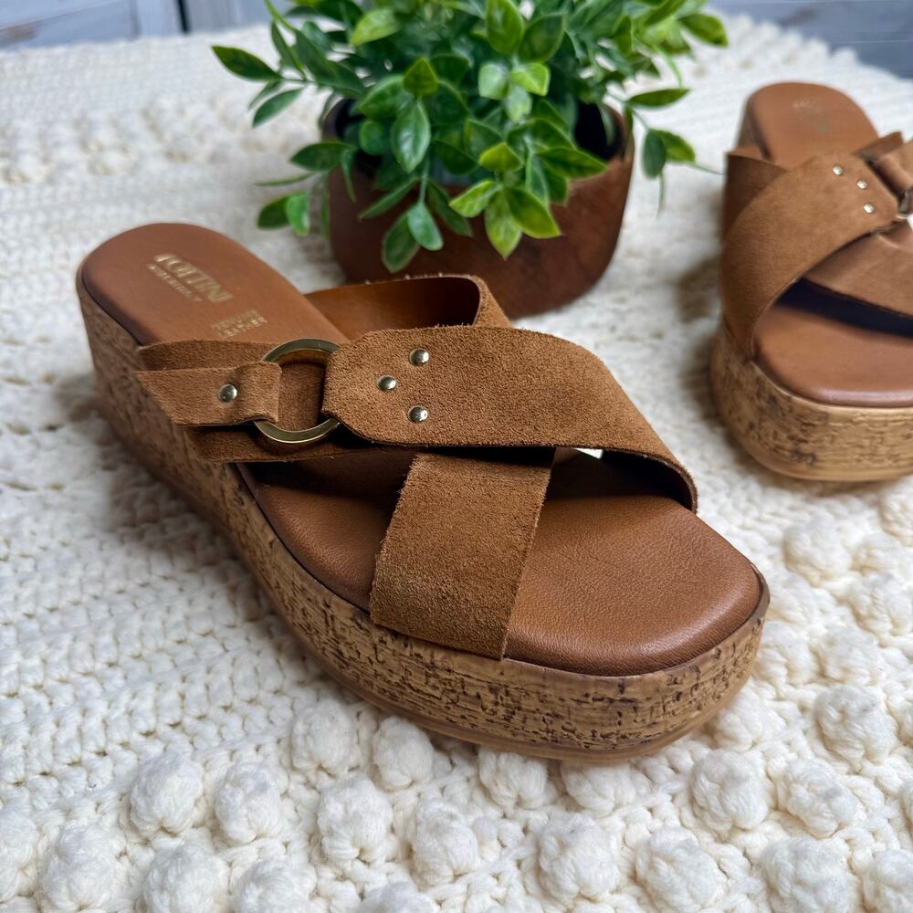 NEW LOTTINI ITALY Womens 39 US 9 Cross Band Buckle Cork Wedge Slide Sandal Brown - Picture 5 of 16